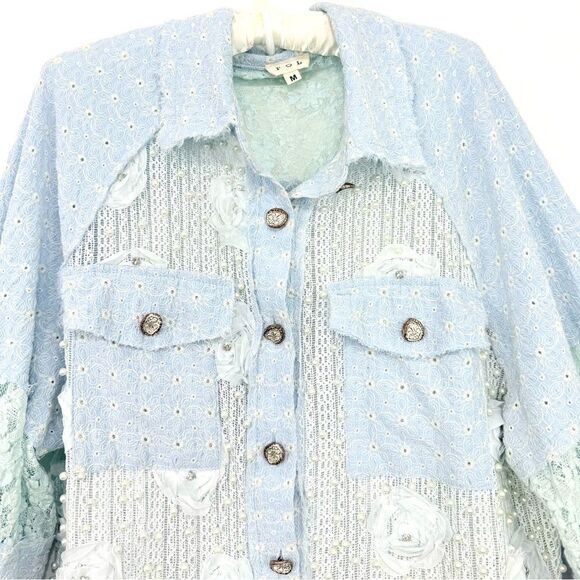 Pol Anthropologie LEAH Blue Eyelet Lace Pearl Flower Embellished Jacket - Picture 9 of 16